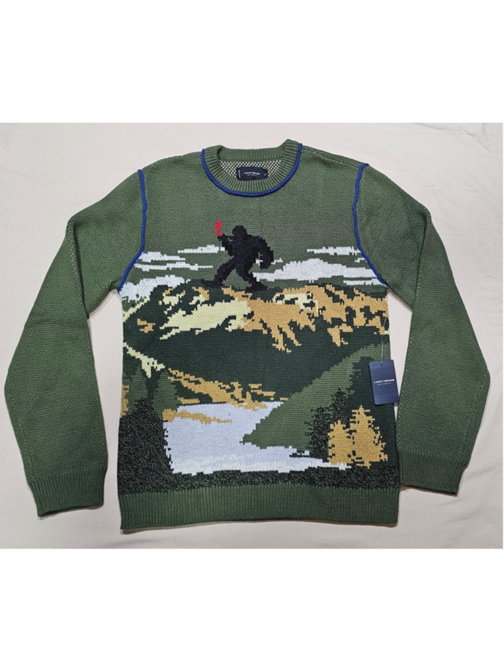 Lucky Brand Mens Small Bigfoot Outdoor Scene Sweater